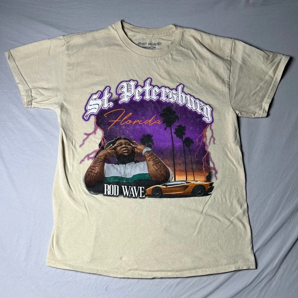 Rod Wave St. Petersburg Florida Graphic T-Shirt Tan Mens Medium Rap Tee Car